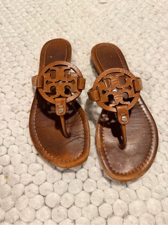 Tory Burch Shoes - Tory Burch Brown Leather Miller Logo Sandals, Size 8